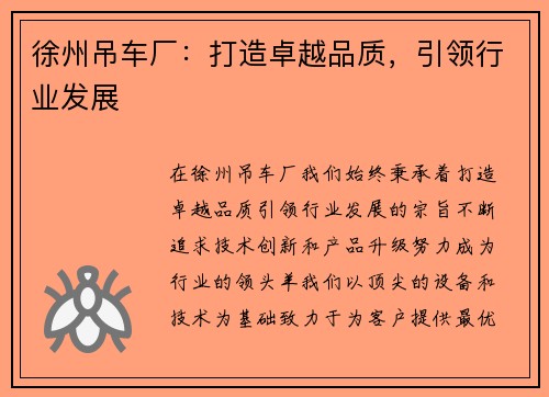 徐州吊车厂：打造卓越品质，引领行业发展