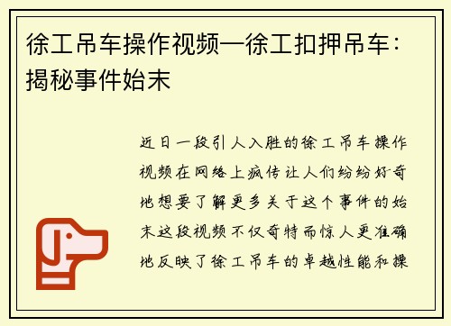 徐工吊车操作视频—徐工扣押吊车：揭秘事件始末