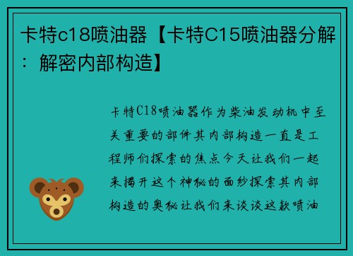 卡特c18喷油器【卡特C15喷油器分解：解密内部构造】